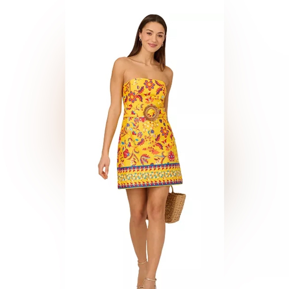Adrianna Papell Yellow Red Sleeveless Halter Mini Dress